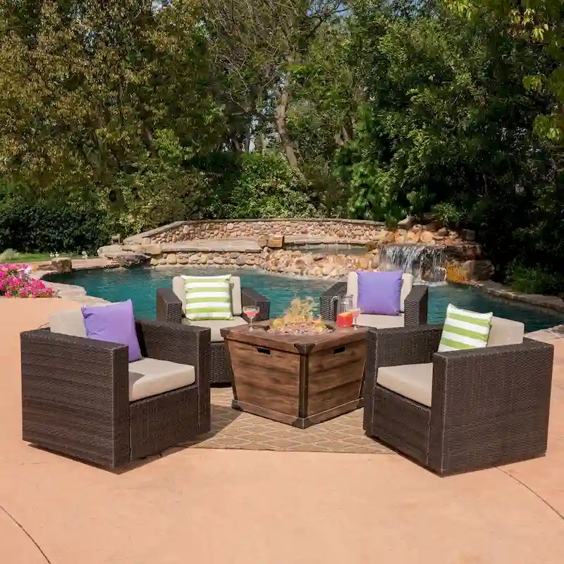 Maaroaro Outdoor 5 Piece Wicker Swivel Club Chair and Fire Pit Set by Christopher Knight Home