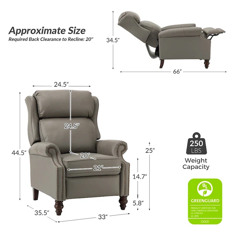 Noemon Modern Genuine Leather Recliner with Nailhead Trims Set of 2 by HULALA HOME