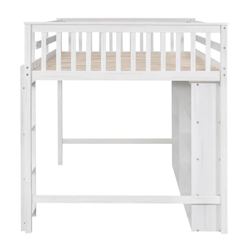 Full Loft Bed with Storage Shelves, Wood Loft Beds Frame with Bookcase, High Loft Bed with Ladder for Kids Boys Girls Teens