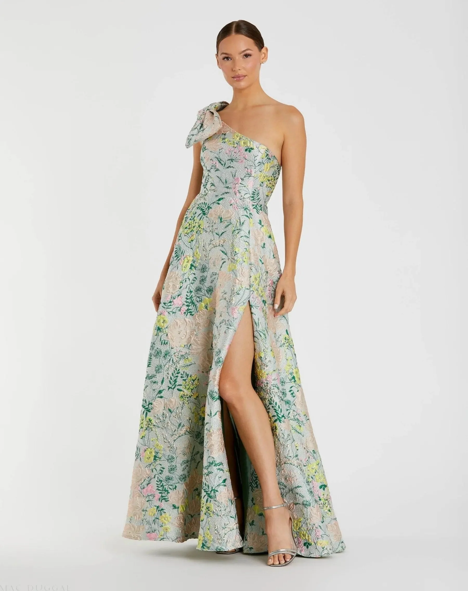 Multicolor One Shoulder Brocade Floral Gown With Bow