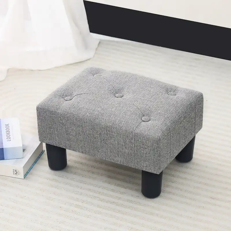 Adeco Button Tufted Linen Foot Stool Rectangular Small Ottoman