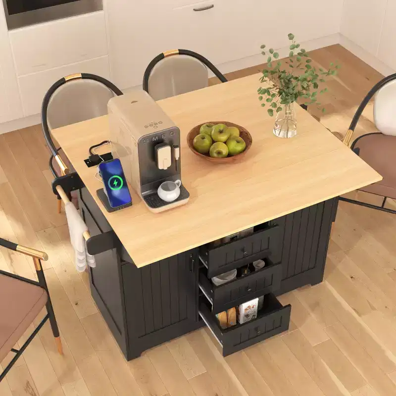 Whisen Modern Kitchen Island Cart, Kitchen Storage Cart with 2 Drop Leaf, Power Outlet and Drawers