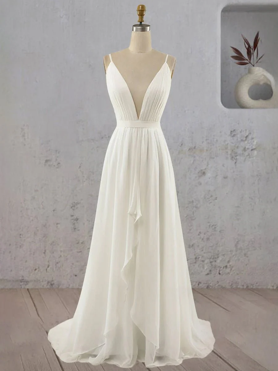 A-Line V Neck Straps Spaghetti Sheath Chiffon Wedding Dress