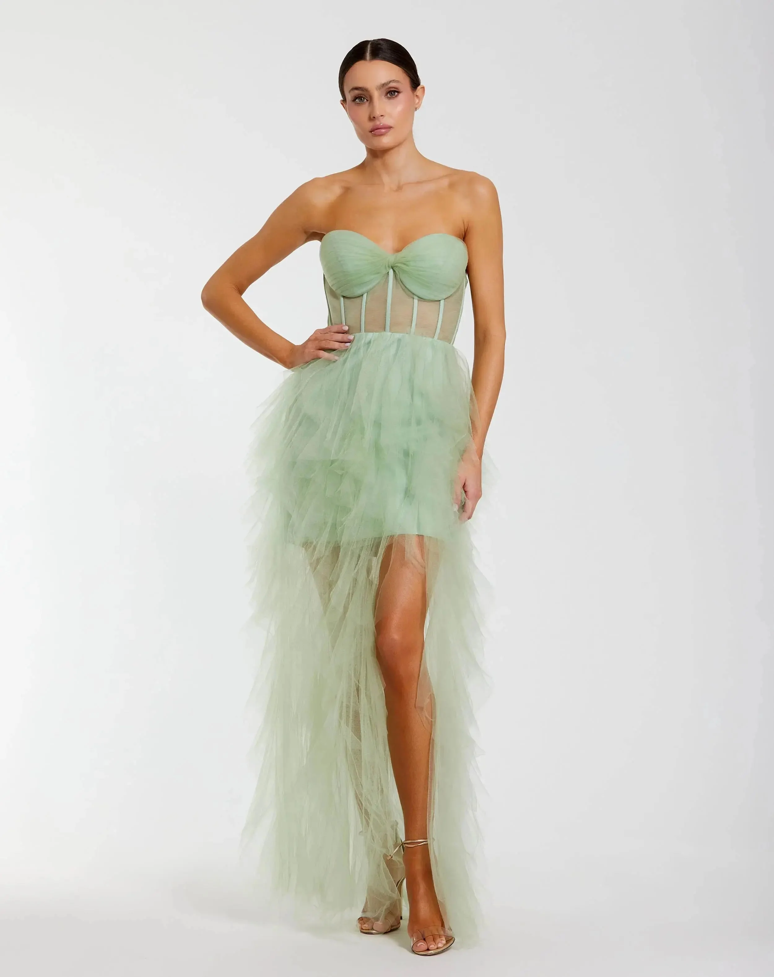 Strapless Bustier Net Gown With Spiral Ruffles