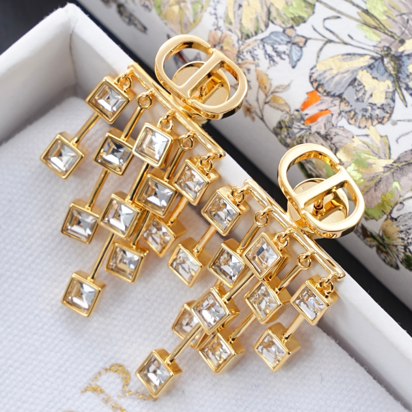 CDE319 Dior Deco Earrings Pale Gold-Finish Metal and White Crystals - ccjewelryacc