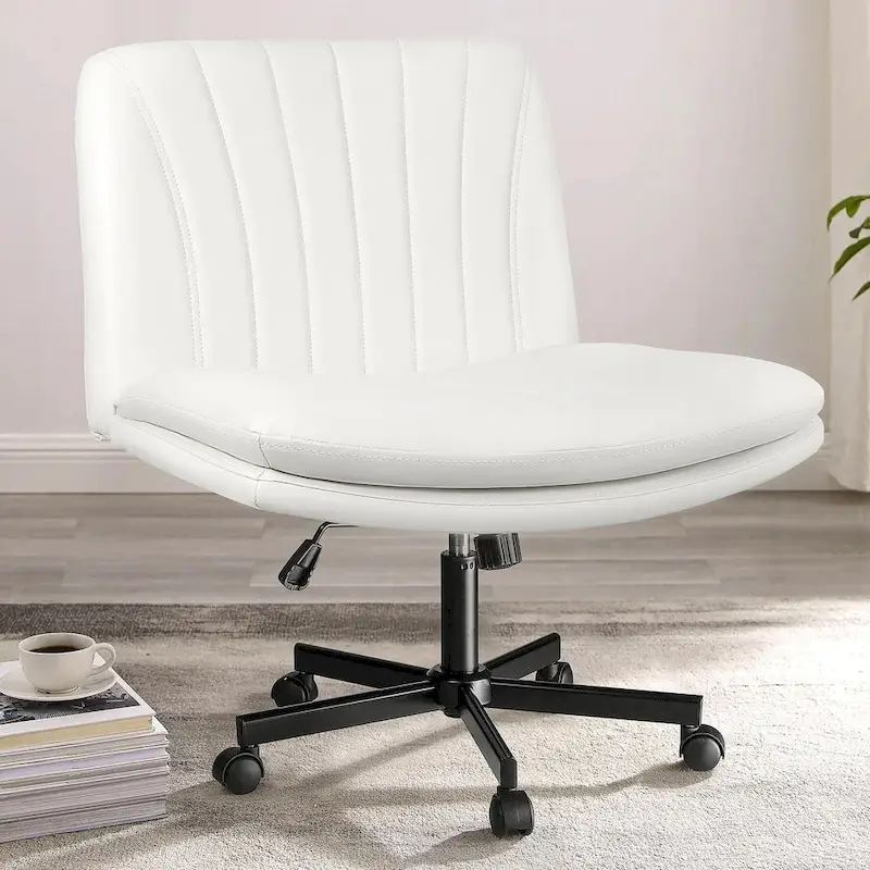 Cross Chair with Wheels,PU Leather Armless Cross Legged Office chair, Adjustable Wide Seat Task Vanity Chair