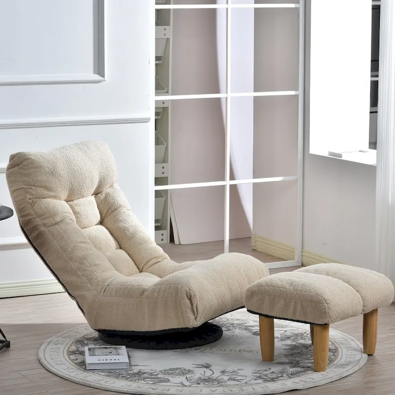 Beige Boucle Upholstered 360 Swivel Armless Manual Leisure Recliner Set with Ottoman, Adjustable Headrest and Backrest