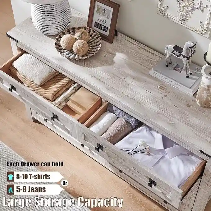 8-Drawer Farmhouse Dresser – Reclaimed Barnwood / Light Rustic Oak / Dark Rustic Oak / Antique White / Antique Brushed White, Rustic Style, Single