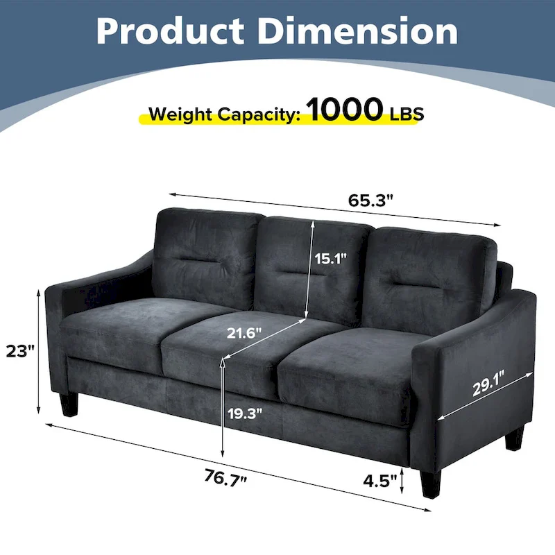 Black 76.7 Velvet 3-seater Sofa with Hardwood Frame and High-Density Foam