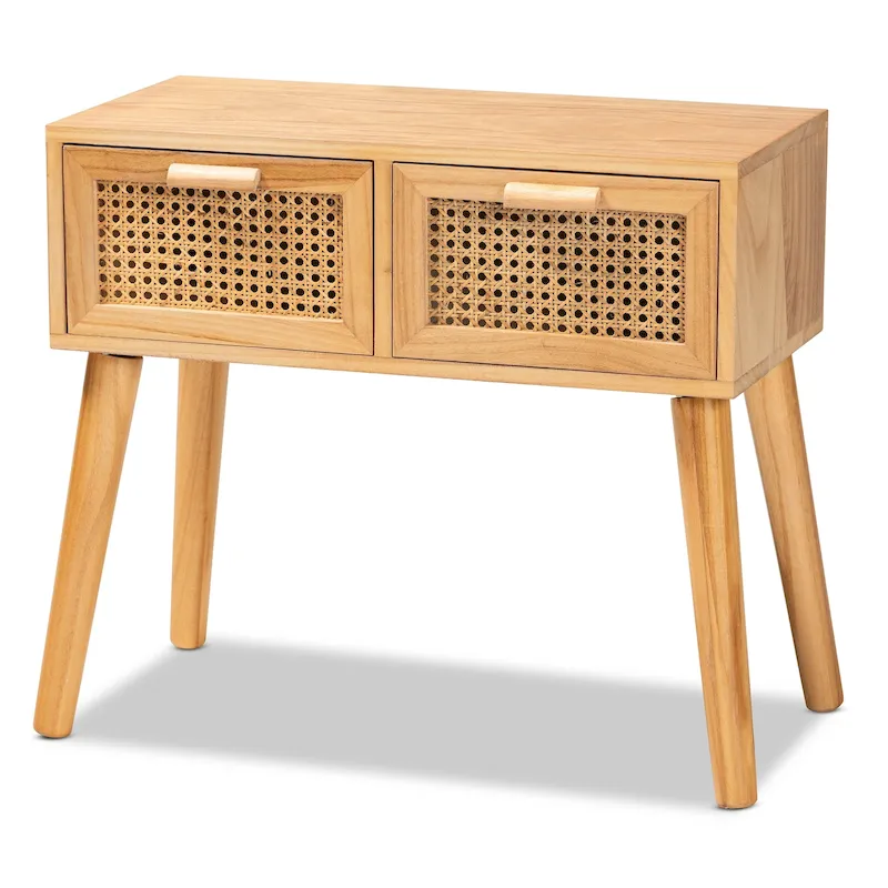 Oak Brown Mid-Century 2-Drawer Rattan Console Table, Single