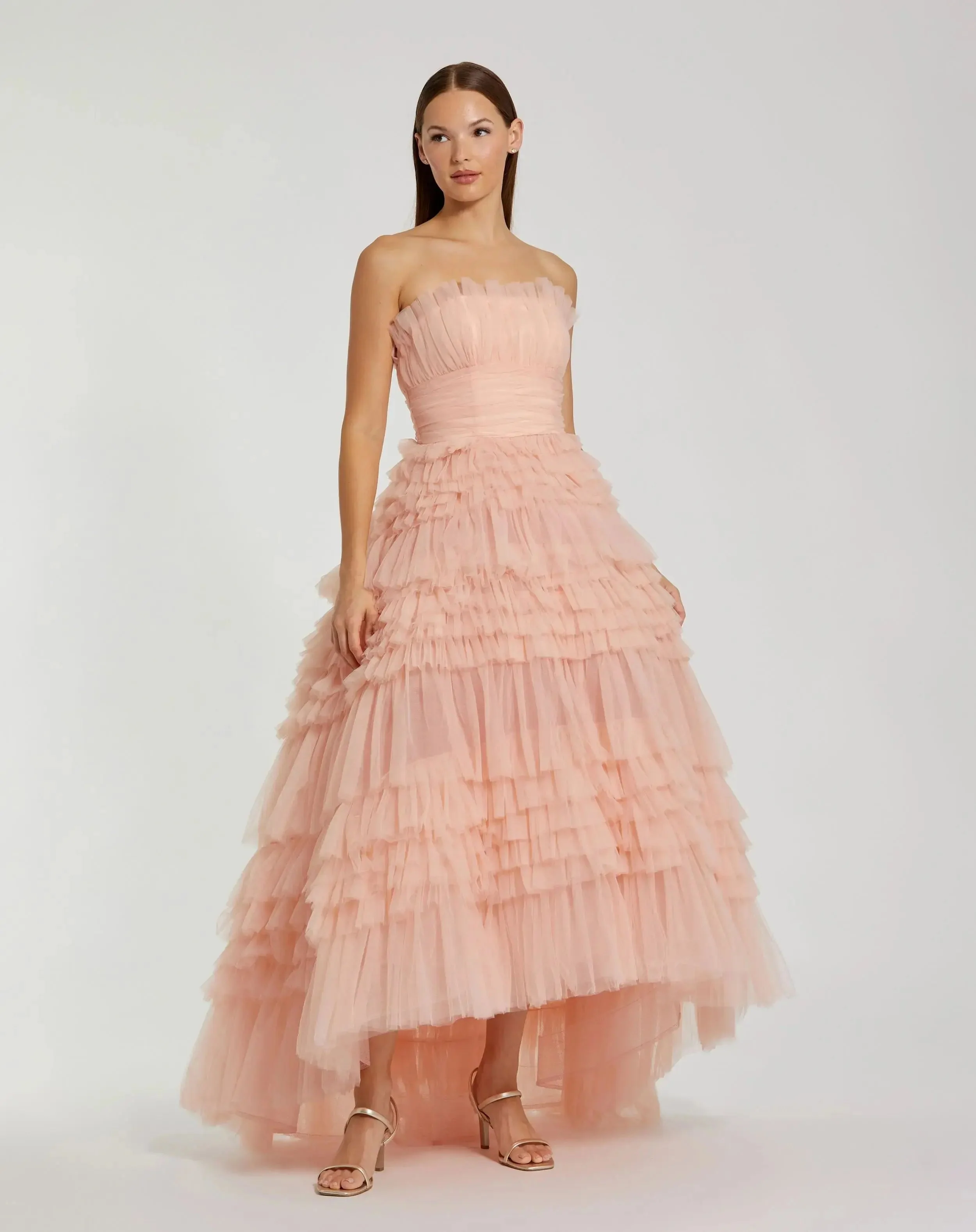 Strapless Tulle Ruffle Gown