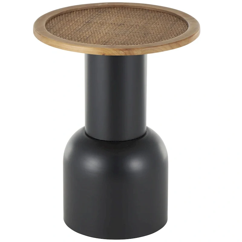 Metal Handmade Pedestal Side End Accent Table with Brown Rattan Tabletop - Black