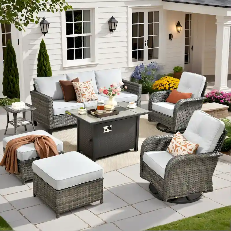 HOOOWOOO 7-piece Wicker Rattan Patio Furniture Set with Fire Pit Table