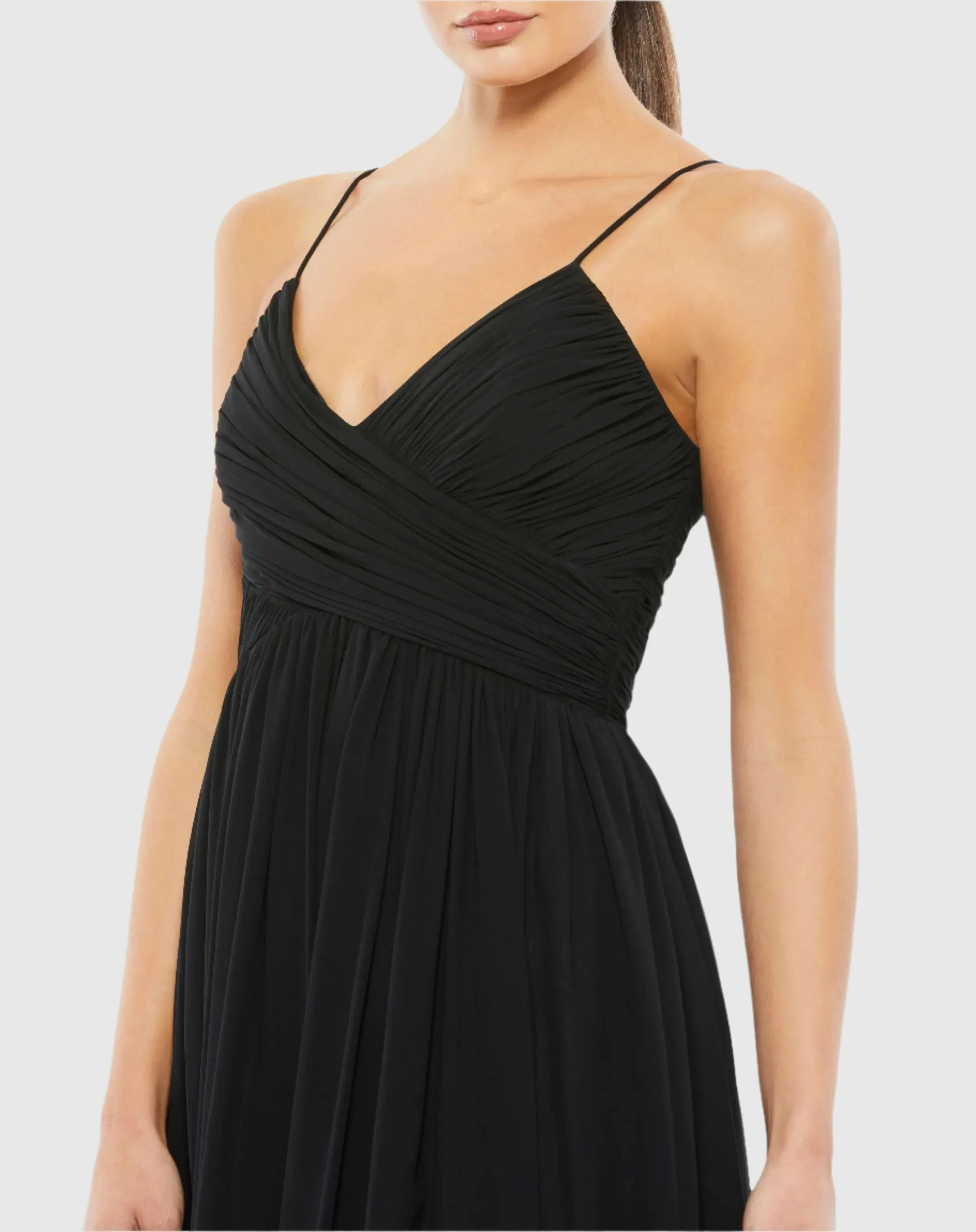 Black Faux Wrap Sleeveless Flowy Midi Dress