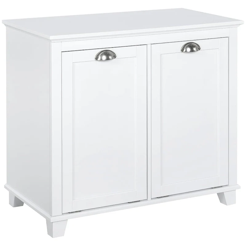 White Painted MDF Bathroom Floor Cabinet with 2 Tilt-Out Hampers & 2 Storage Cabinets