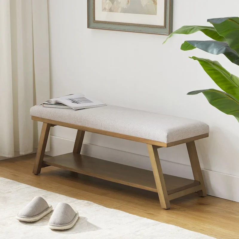 Solid Wood Shoe Bench with Cushion Entryway Shoe Bench