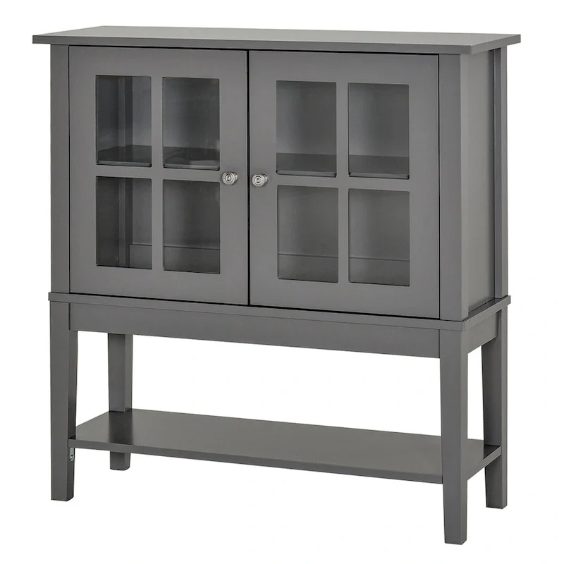 White/Grey Modern MDF Sideboard Buffet Cabinet with 2 Swinging Glass Doors, Adjustable Shelf & Bottom Shelf