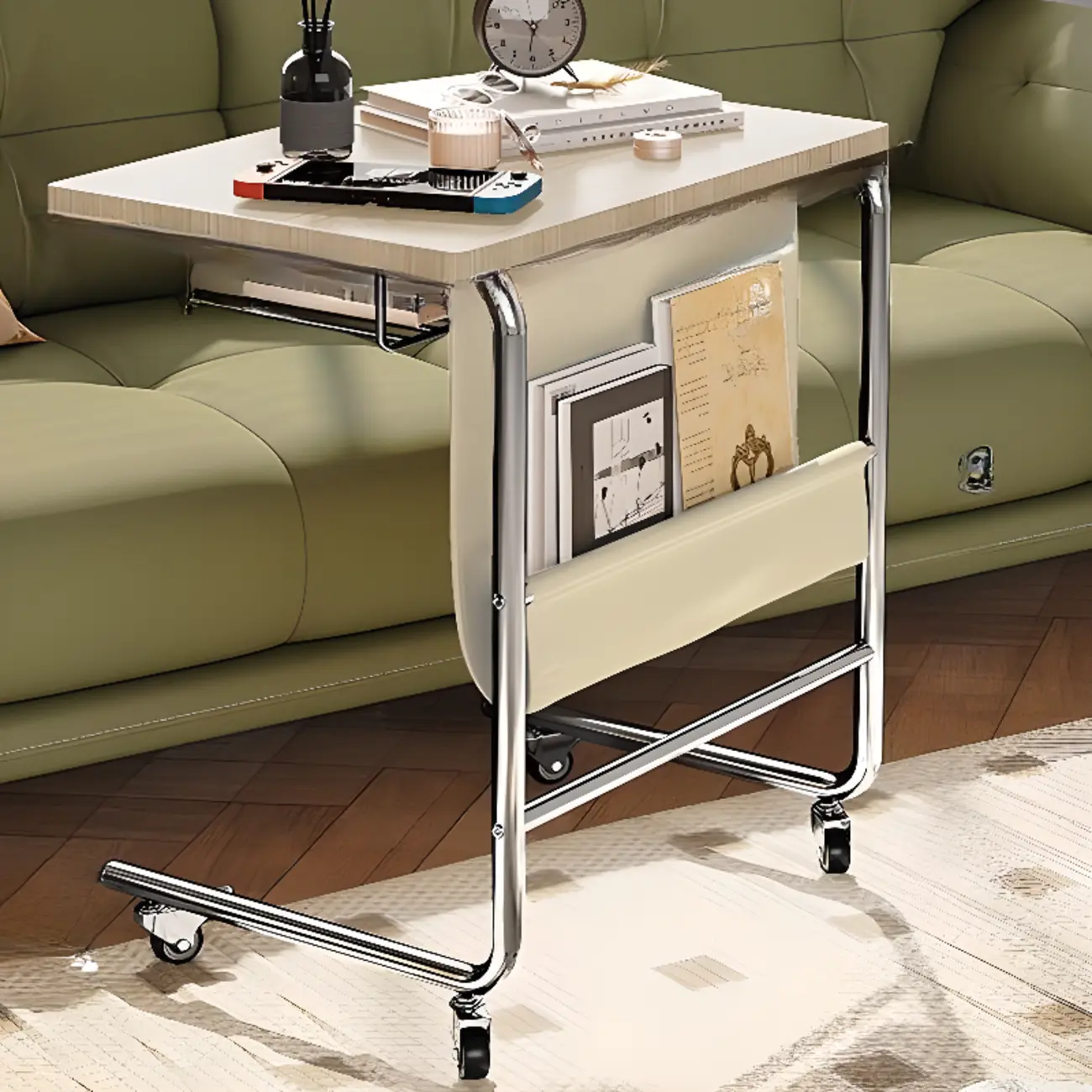 Brown Wood Top C-Shaped Sofa Side Table with Wheels