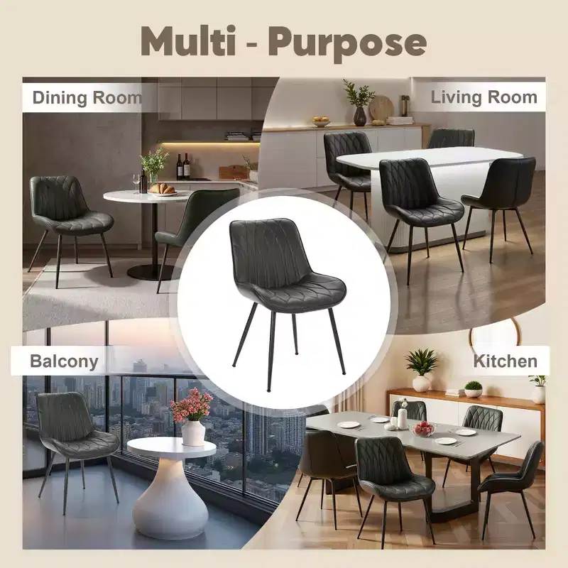 Acekool Set of 2 Modern Black PU Dining Chairs, Upholstered Accent Kitchen Chairs with Metal Legs for Dining Room & Living Room