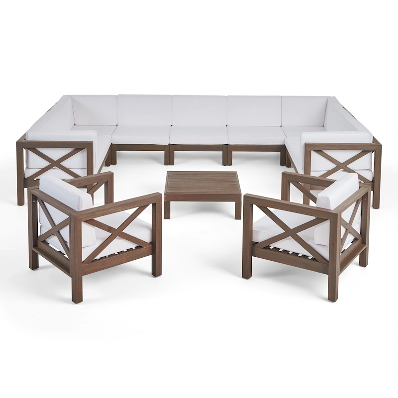 Brava Outdoor 11 Seater Acacia Wood Sectional Sofa and Club Chair Set by Christopher Knight Home