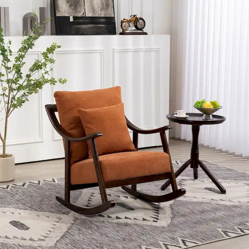 Light Brown / Yellow / Light Green Woven Fabric Modern Rocking Chair with Solid Wood Curved Base, 1-Person