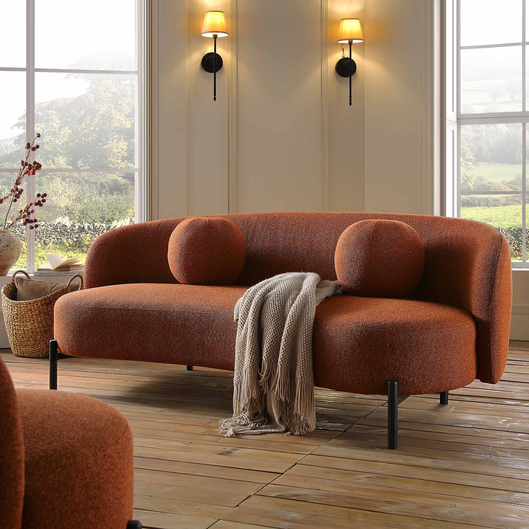 3-Seater Curved Sofa with Ball Cushions, Brick Boucle