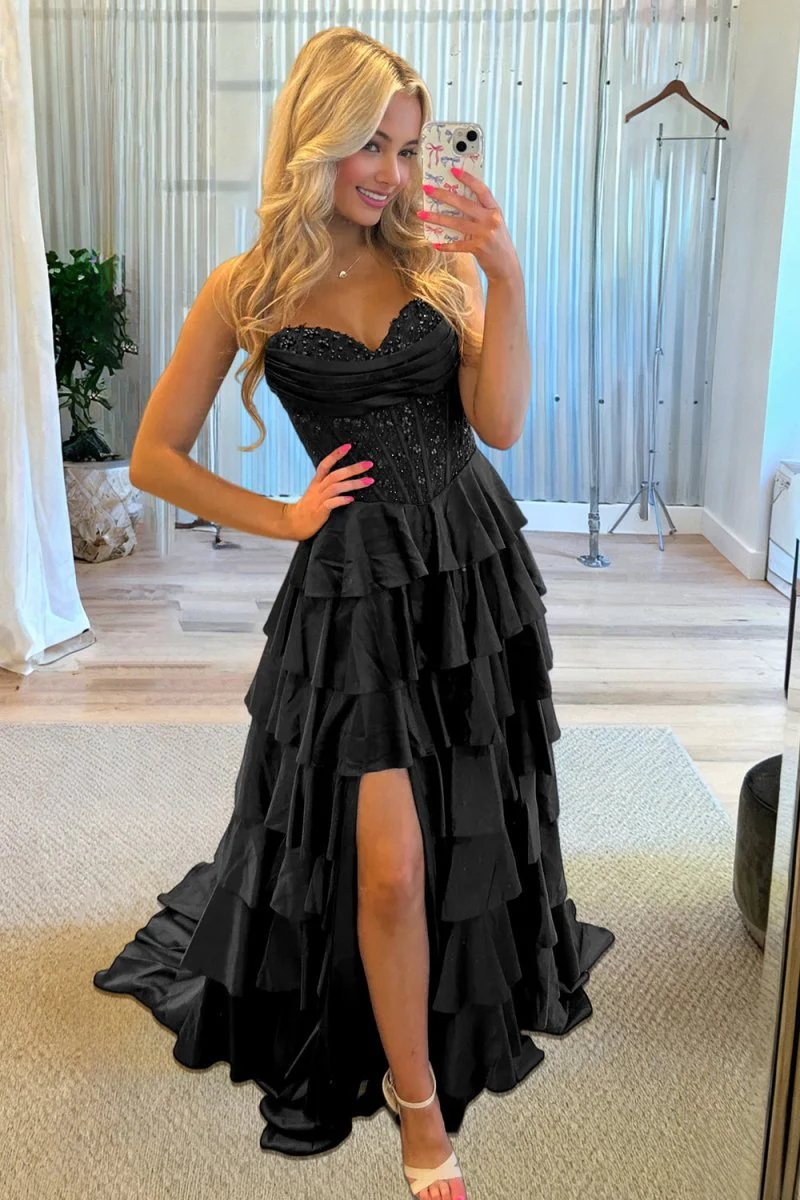 Navy Blue Sweetheart A Line Satin Appliqued Prom Dresses With Ruffles