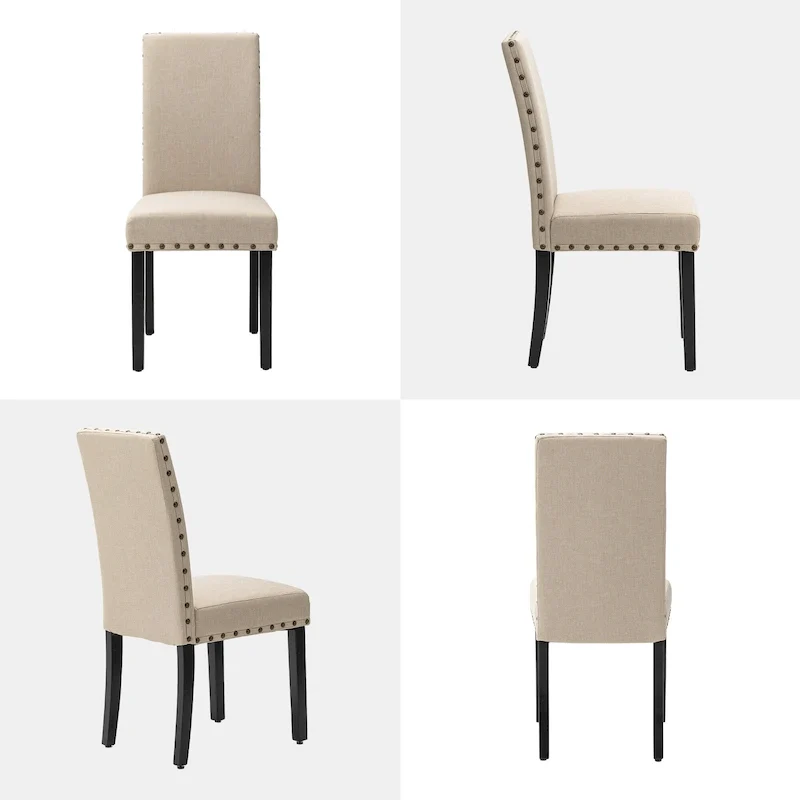 High Back Linen Fabric Dining Chairs with Nailhead Trim – Grey / Cream White / Tan