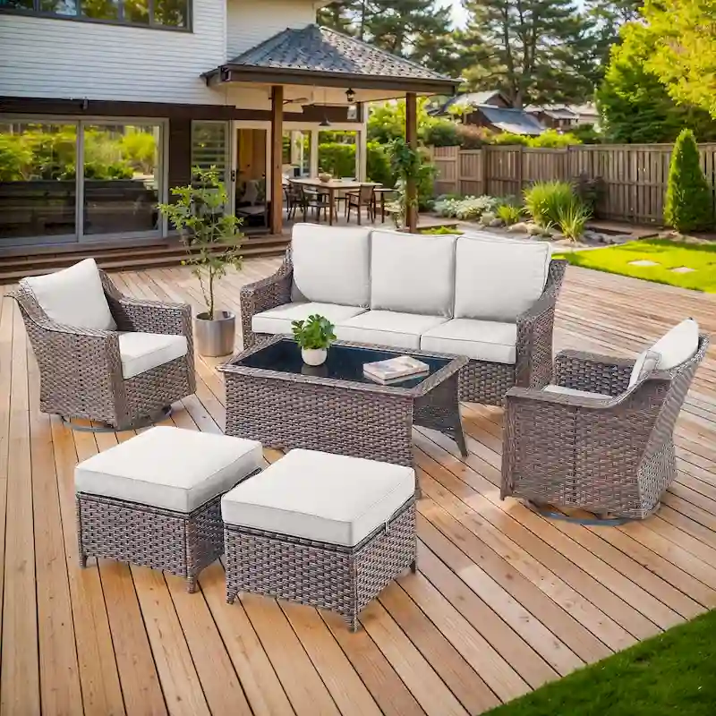 6 Pieces Wicker Sofa with Rocking Chair, Ottoman, Table - Brown