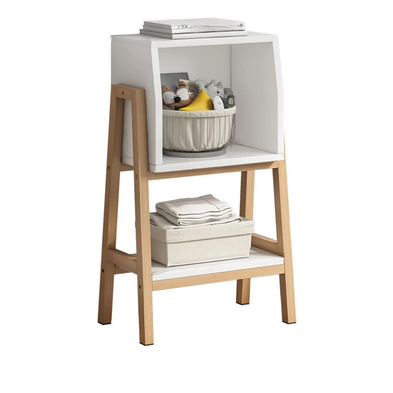 Narrow 2-Tier Natural White Wooden Ladder Bookcase