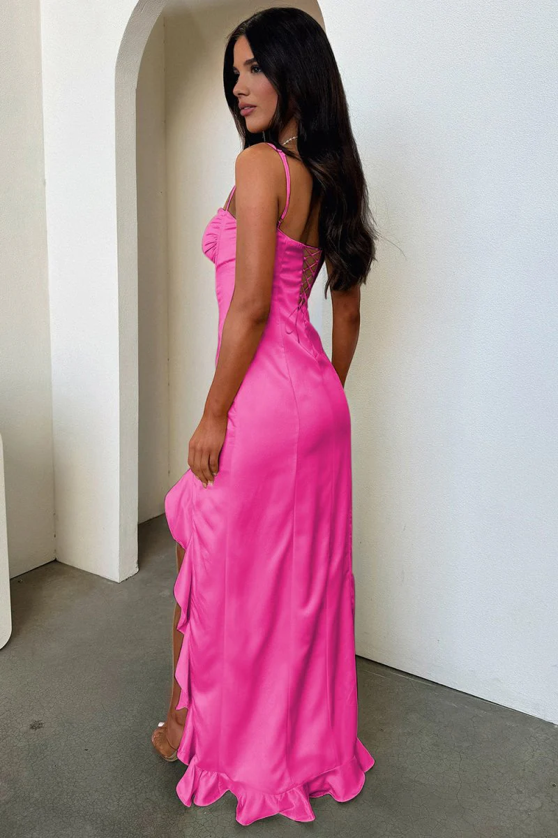 Yellow Sheath Satin Sweetheart Long Prom Dresses with Ruffles