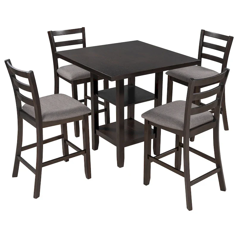 5-Piece Counter Height Wooden Dining Table Set with 4 Chairs & Shelf
