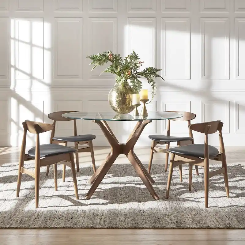 Deep Walnut-Finish Round Dining Table Set — with Curved-Back Dining Chairs