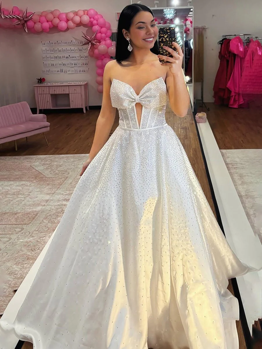 Navy Blue Strapless Satin Beaded A Line Long Prom Dresses With Bow