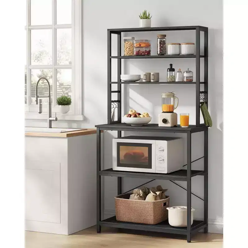 VASAGLE Baker's Rack Microwave Oven Stand Kitchen Tall Utility Storage Shelf 6 Hooks and Metal Frame