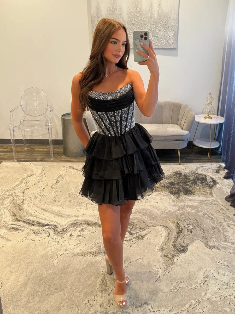 Black - Strapless A Line Chiffon Beaded Mini Party Dresses With Ruffles