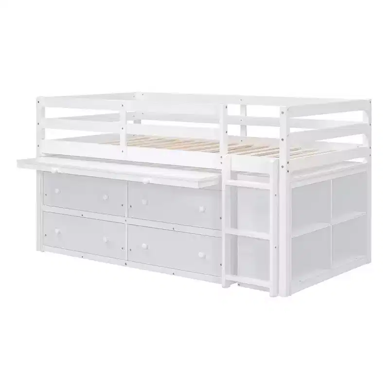 Luxystar Low Loft Bed with Desk, 4 Drawers and Bookcase