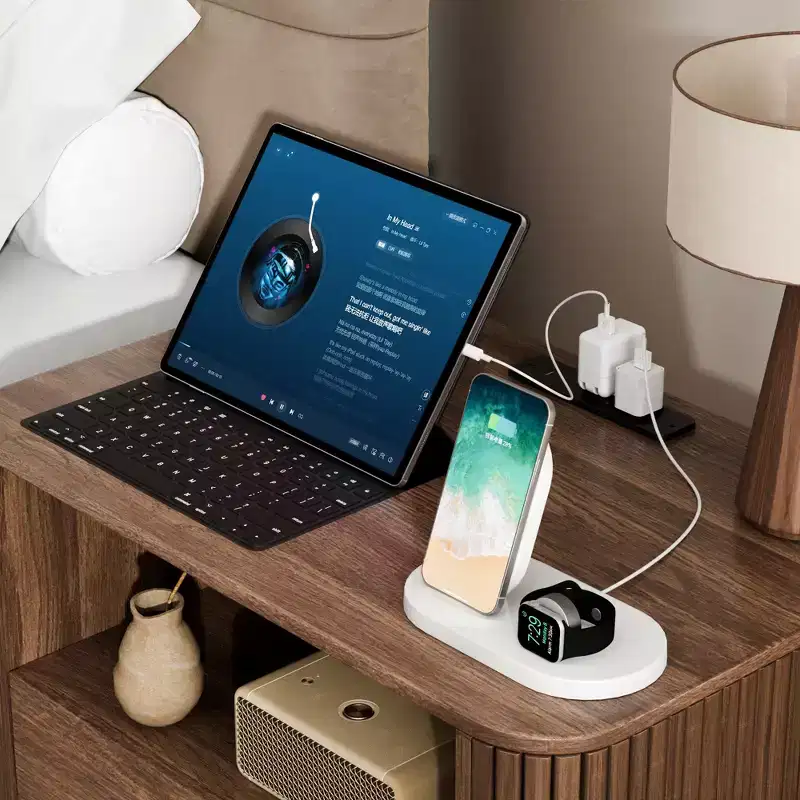 Walnut Nightstand with Charging Station and 2 Drawers Rolling Side Table for Bedroom Modern Wood End Table with Rounded Edges Living Room Furniture