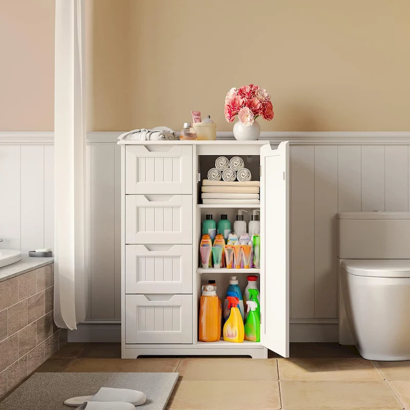 Bathroom Floor Storage Cabinet, Free-Standing Floor Storage Cabinet with 4 Draws and Adjustable Shelf