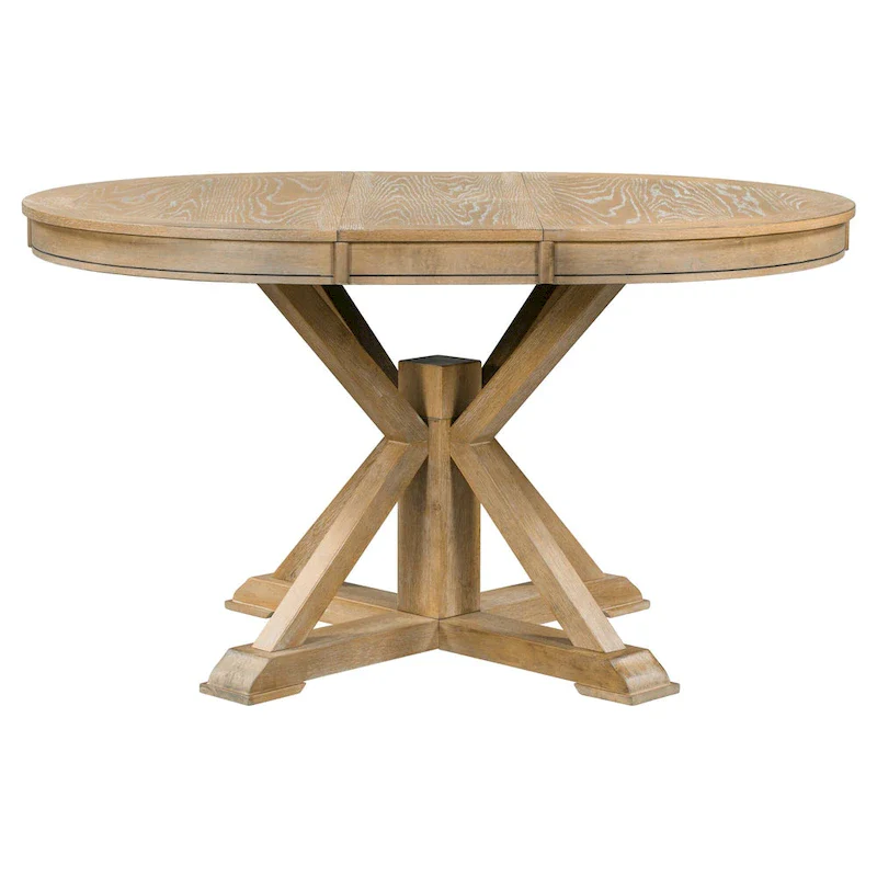 Natural Wood Wash Retro 5-Piece Wooden Dining Table Set with Extendable Round Table & 4 Chairs