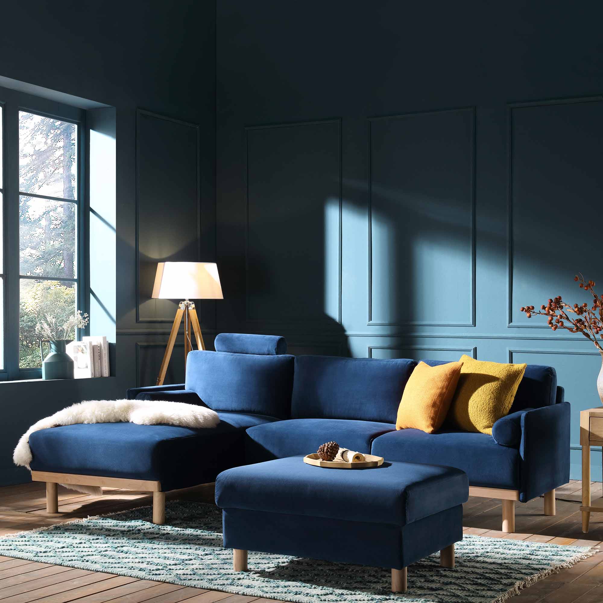 Navy Blue Velvet Sofa, Large 3-Seater Chaise Sofa Left Hand Facing