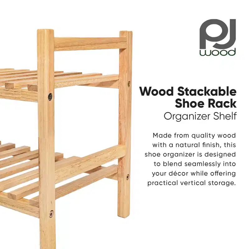 PJ Wood Stackable Wooden Shoe Rack Organizer for Closet Storage, Entryway Shelves, Tiered Cabinet for Shoes, 6 Pair Capacity, Natural