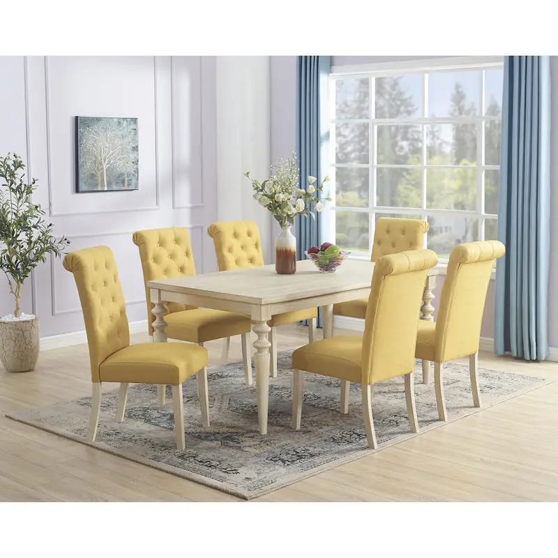Modern Dining Table and Chairs Set Home Party Dining Table and Chairs Set with 6 Tufted Chairs and Turned Leg for Kitchen
