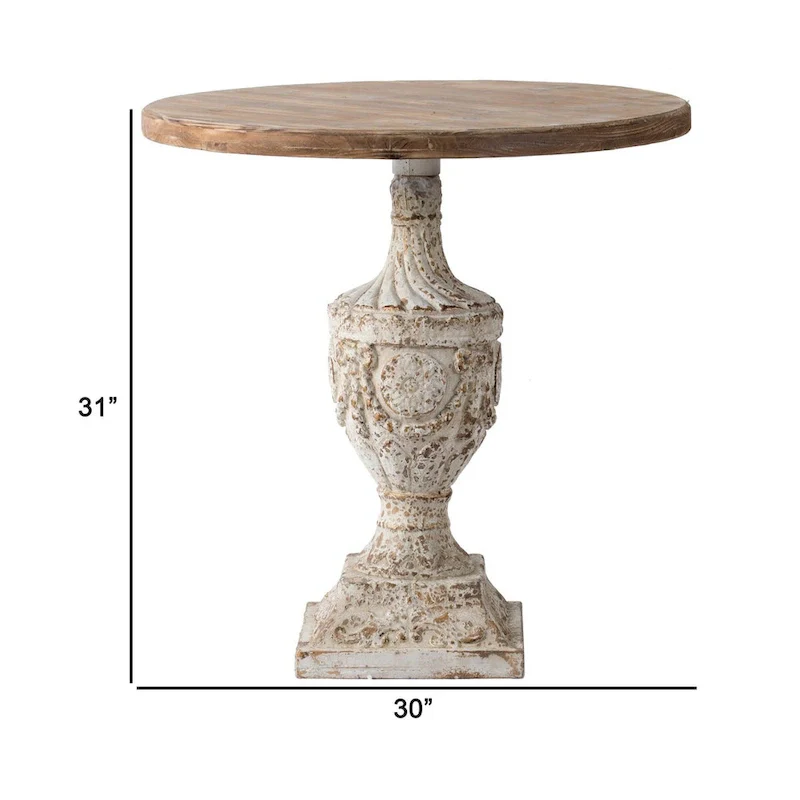 31 Inch Accent Side Table, Pedestal Urn Base, Round Top, Antique White