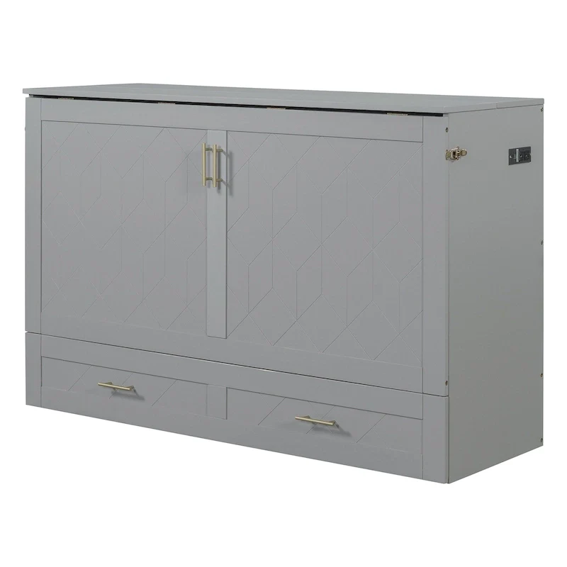 Gray Queen Murphy Wall Bed with Drawer & USB Ports, 1-Person