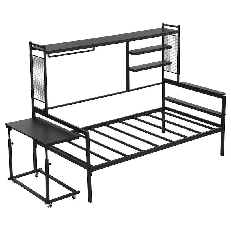 Metal Daybed with Movable Desk, Shelves and Clothes Hanger