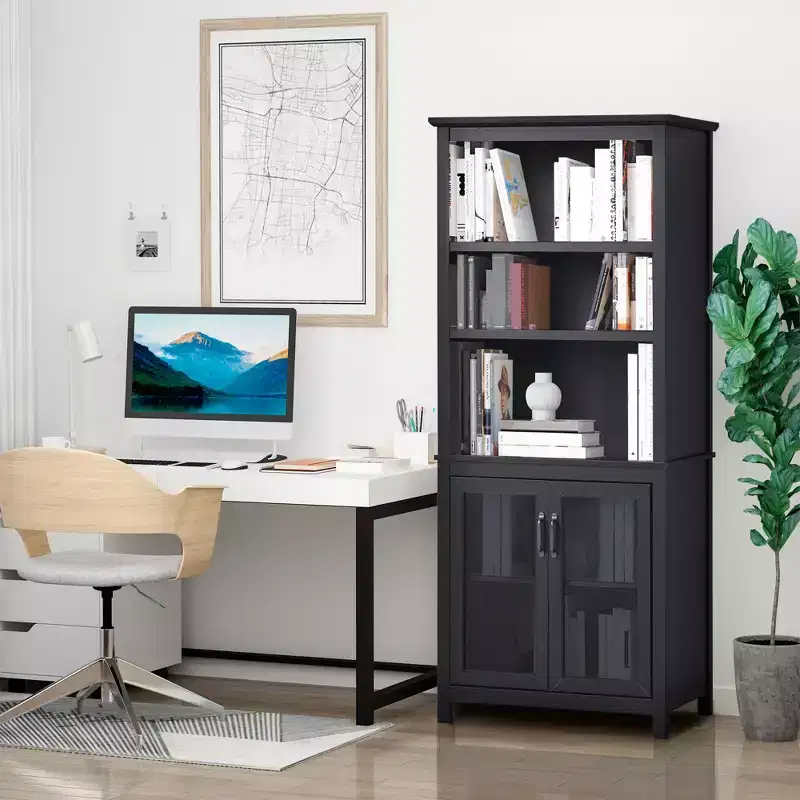 HOMCOM 71 Bookcase Storage Hutch Cabinet with Adjustable Shelves and Glass Doors for Home Office, Kitchen, Living Room