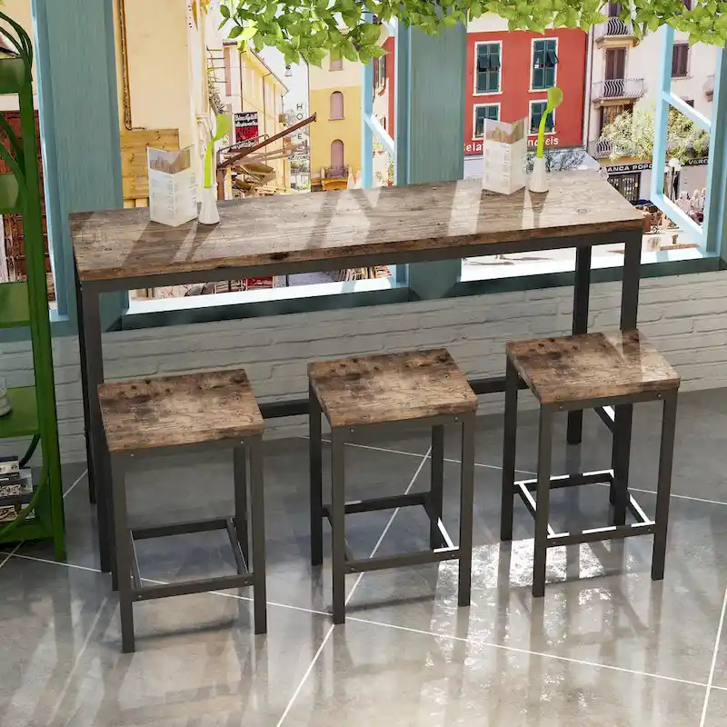 Dark Brown / Natural / Grey Bar-Height Dining Table Set for 3, MDF & Metal Frame