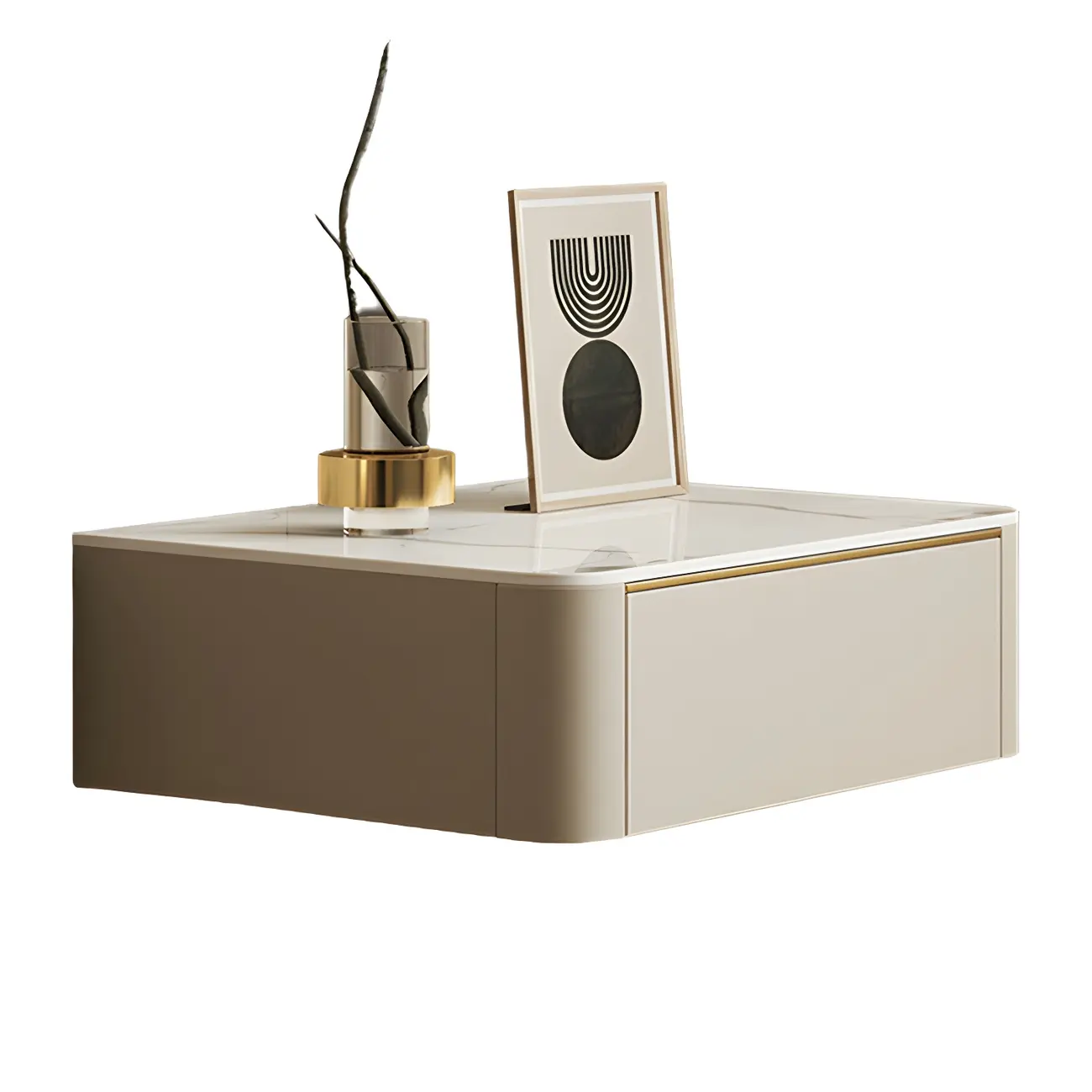 Low Beige Leather Stone Top Floating Nightstand with Drawer