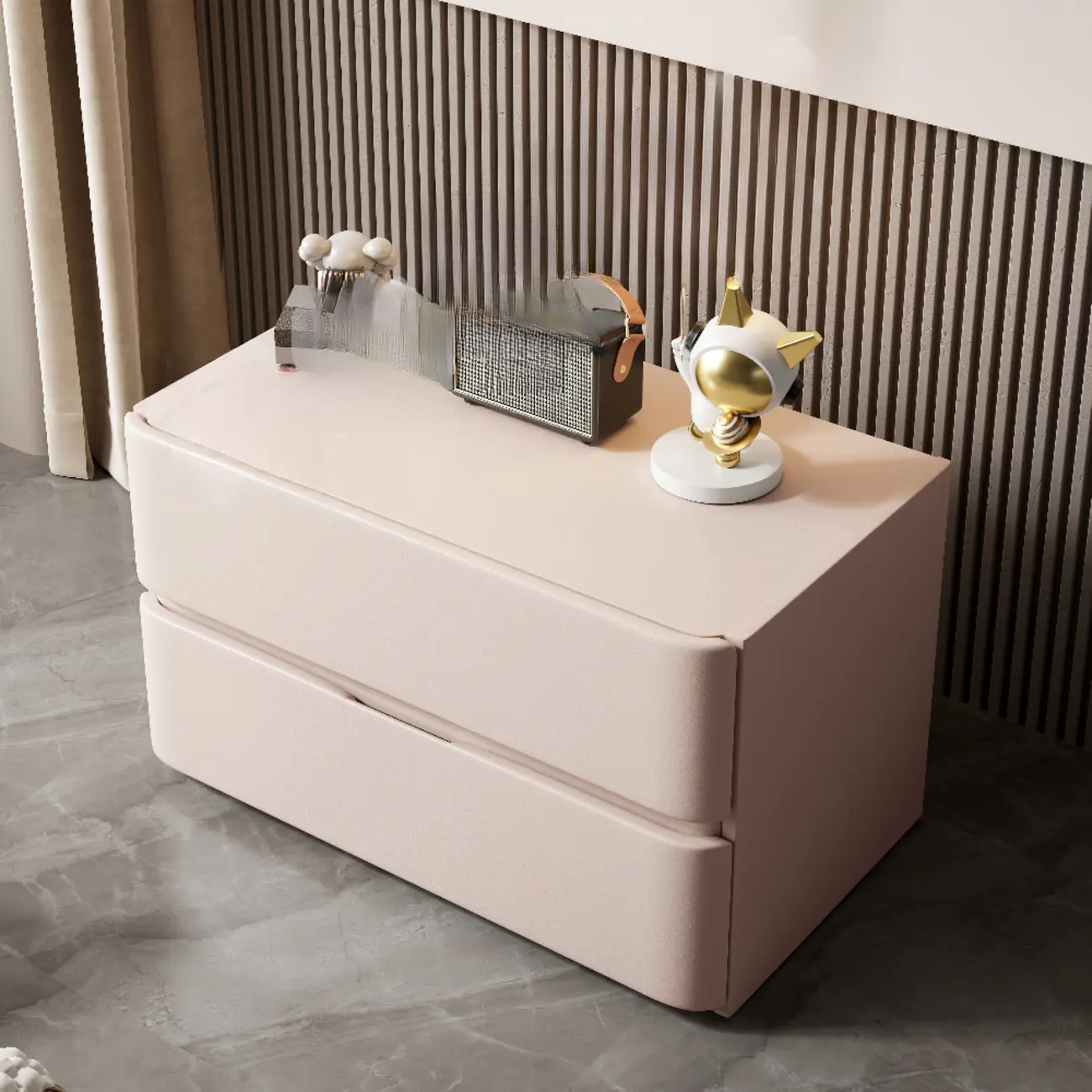 Modern Stone Top Wooden White Bedside Table 2 Drawers